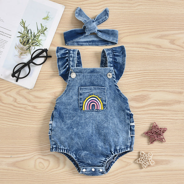 Baby Girl Denim Rainbow Printing Romper - Jener