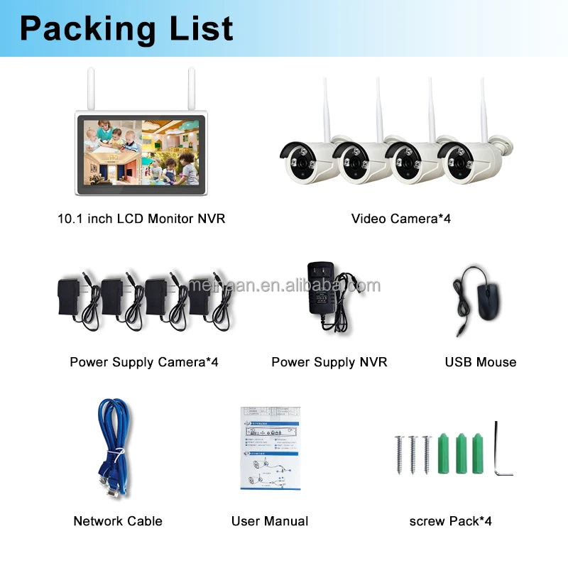 Eseecloud 3MP 10.1'' LCD 4CH Wireless WiFi Home Security Camera System Wireless WiFi CCTV NVR Kit Camera Surveillance Systems